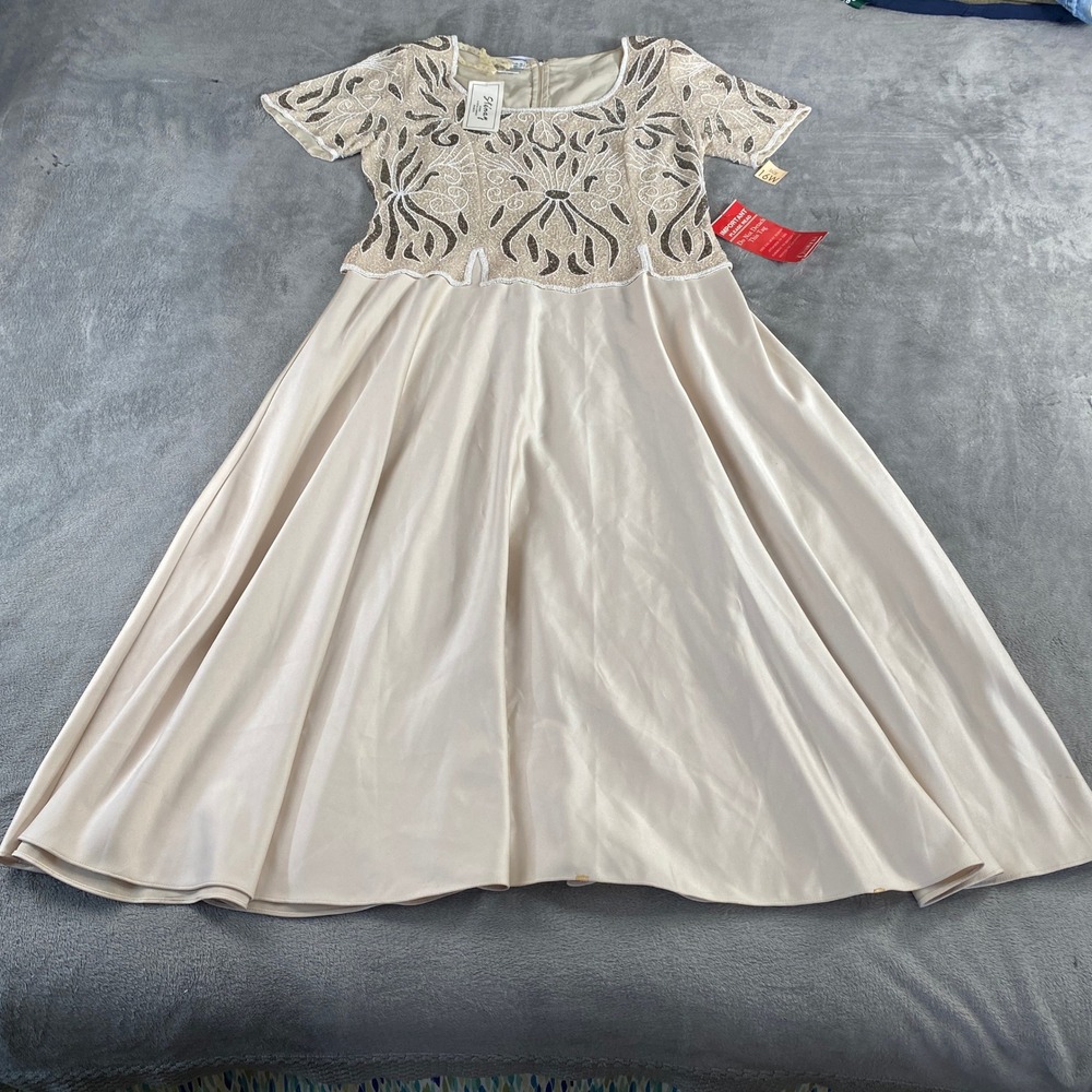 Vintage Stenay Evening Dress Gown Womens 16W Champagne Silk Beaded Floral Maxi